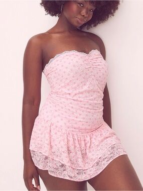 LoveShackFancy + Pink Icon Polka Dot Strapless Lace Mini Dress size Medium (NWT)